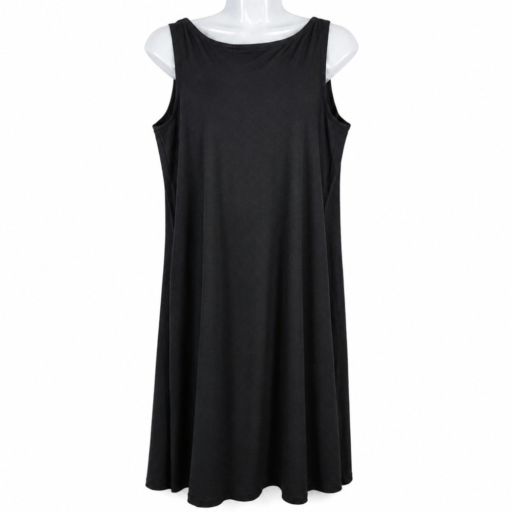 Eileen Fisher Dress Women L Black Jersey Stretch Sleeveless Midi Knit Minimalist